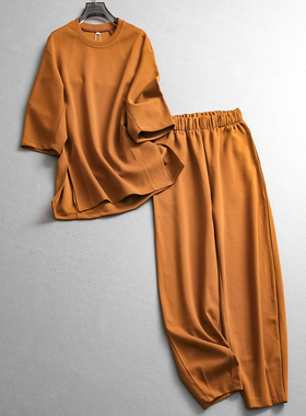 纯色宽松显瘦侧边开叉圆领五分袖T恤可配一整套休闲裤女套装Z684