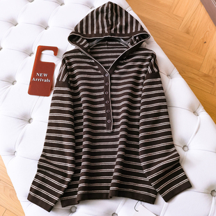 女针织衫 长袖 Q099 新款 撞色条纹宽松显瘦休闲连帽毛衣外套2025冬季