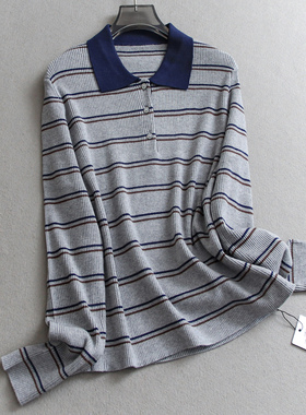 绵羊毛混纺撞色条纹POLO领软糯亲肤毛衣长袖女显瘦百搭针织衫Q398