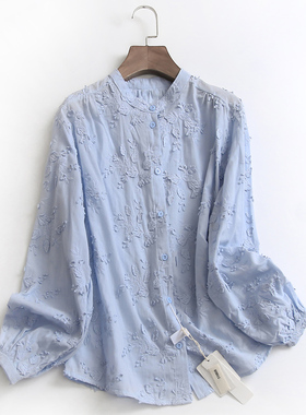 S167纯色宽松绣花立领单排扣秋季新款2022长袖韩版百搭时尚女衬衫