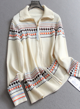 撞色几何提花宽松显瘦拉链针织开衫外套2025秋新款长袖女毛衣B174