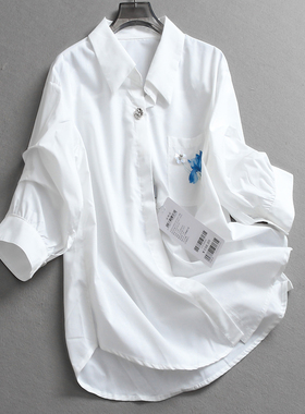 白色柔软宽松显瘦口袋印花翻领通勤风七分袖百搭气质女装衬衫L964