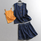 一整套穿搭女三件套装 纯色显瘦气质无袖 牛仔背心小个子短裤 C544