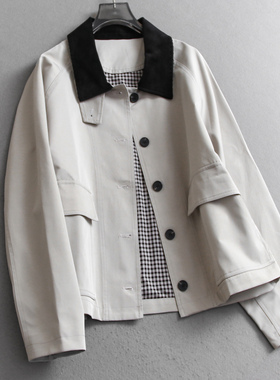 巴恩风撞色翻领立体口袋宽松显瘦2025秋季新款插肩长袖女外套V482