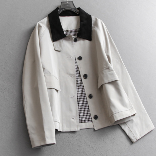 女外套V482 插肩长袖 巴恩风撞色翻领立体口袋宽松显瘦2025秋季 新款