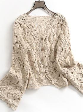 纯色钩花镂空V领纽扣外搭短款长袖上衣2024秋季洋气女针织衫F503
