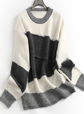 含绵羊毛简约撞色拼接圆领宽松套头针织衫长袖慵懒风女装毛衣J328