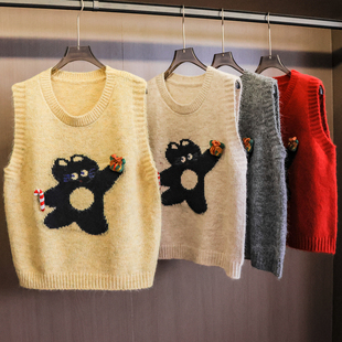 撞色可爱卡通宽松显瘦叠穿针织毛衣坎肩背心减龄百搭女装 马夹Q837