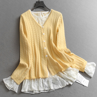 黄色绞花显瘦V领毛衣开衫蕾丝两件套2025秋新款叠穿女针织衫V486