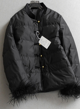 新中式国风复古丝绒拼接立领袖口毛毛保暖外套长袖女装羽绒服M979