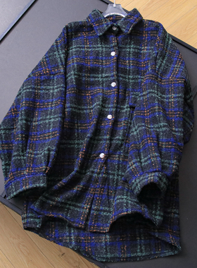 宽松休闲版衬衫式翻领撞色粗花呢25秋冬新款长袖中长款女外套B686