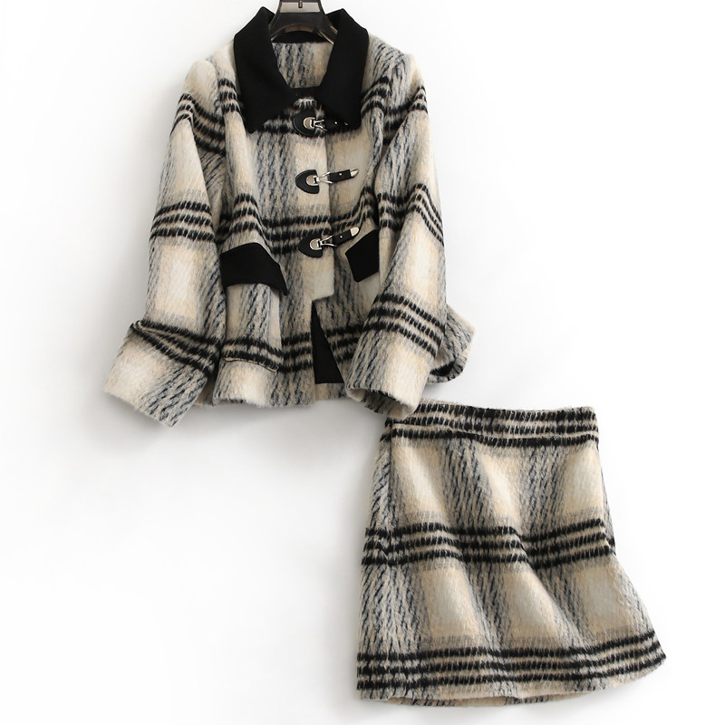 格子拼色翻领金属扣长袖短款毛呢外套+高腰包臀半身裙女套装F430,女装/女士精品,时尚套装,淘宝优惠券,粉丝福利购,淘宝优惠卷
