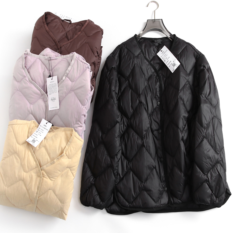 纯色绗缝轻薄圆领单排扣女羽绒服