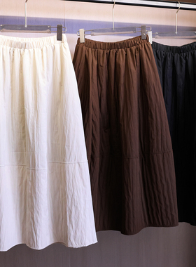 纯色绗缝肌理质感高腰显瘦松紧腰花苞灯笼裙中长裙女裙半身裙B585