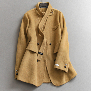 飘带饰双排扣宽松显瘦双面呢羊毛大衣中长款 通勤女毛呢外套N737