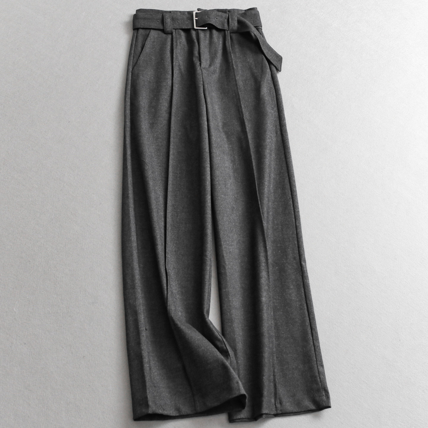 绵羊毛混纺老钱风纯色高腰垂坠毛呢休闲西裤宽松直筒裤阔腿裤N966