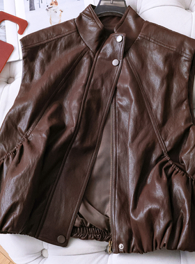 复古纯色立领PU皮宽松叠穿无袖外套外搭显瘦坎肩女装百搭马夹W197