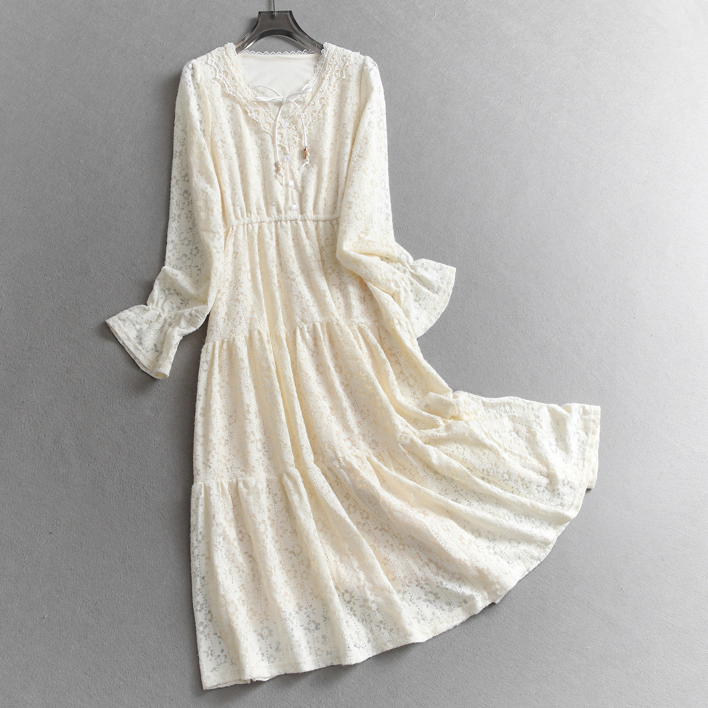 纯色优雅蝴蝶结系带V领松紧腰长袖蕾丝裙显瘦气质减龄连衣裙Q649,女装/女士精品,连衣裙,淘宝优惠券,粉丝福利购,淘宝优惠卷