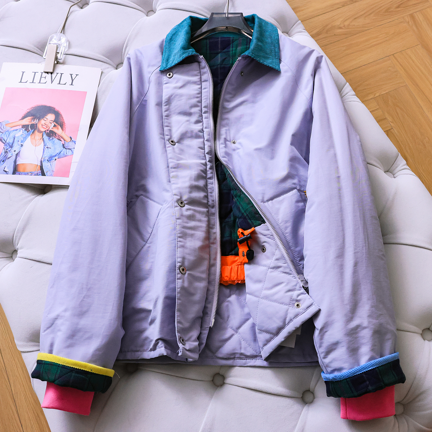 撞色灯芯绒翻领格纹内里女棉衣