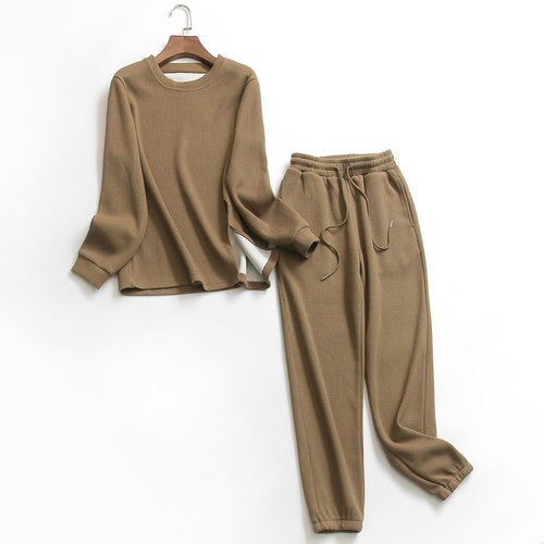 纯色华夫格圆领宽松两件套装