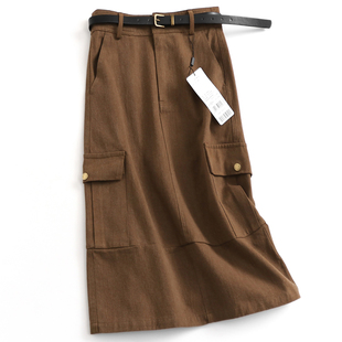 通勤韩版 风秋冬新款 女中长裙半身裙B613 侧边口袋工装 纯色高腰修身