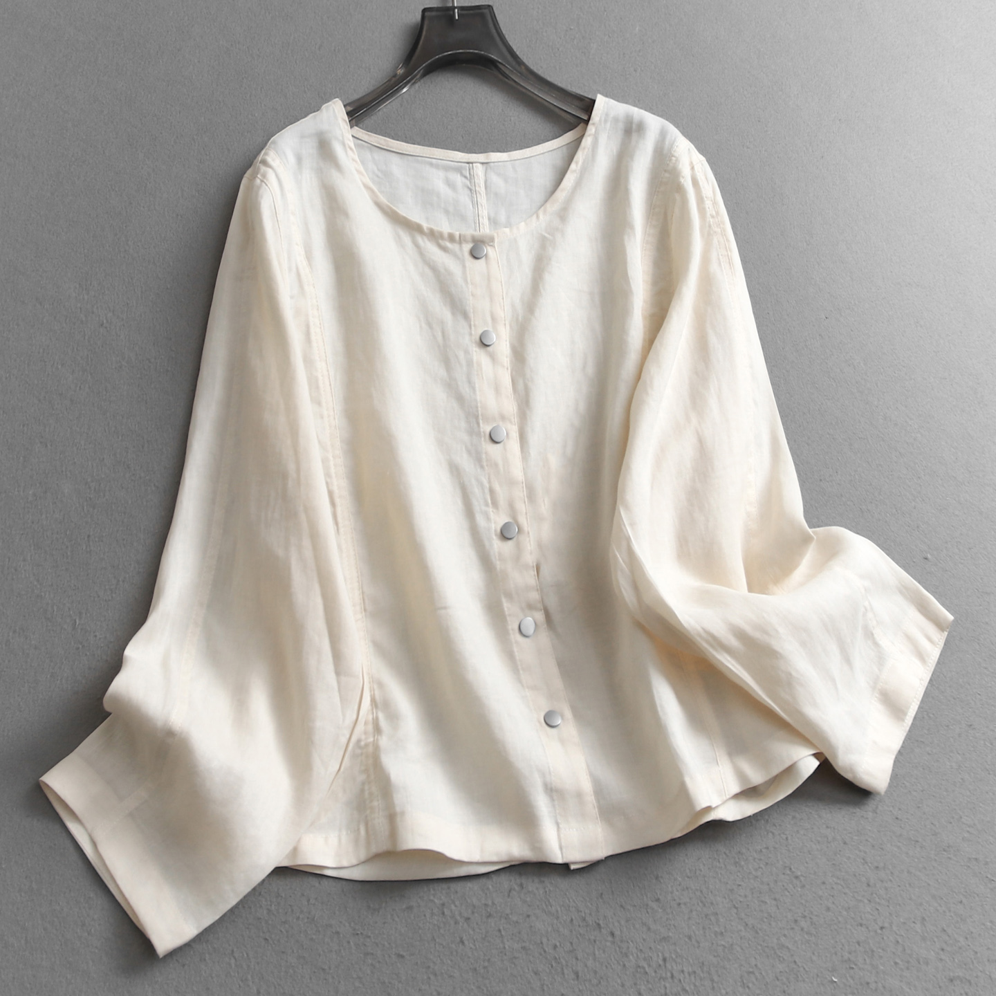 纯色苎麻薄款透气防晒圆领女衬衫