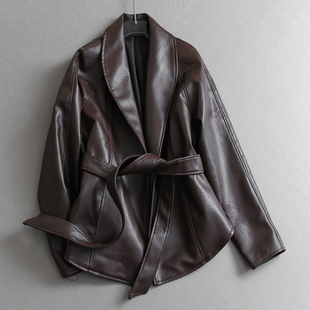 复古荔枝纹纯色翻领腰带收腰宽松显瘦夹克外套长袖 皮革女皮衣E042