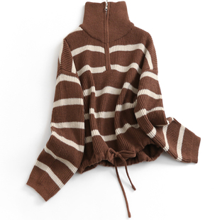 针织毛衣女N808 秋冬新款 条纹宽松减龄慵懒高领半拉链长袖 抽绳短款