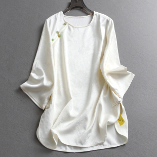 衬衫 通勤女装 Z642 国风提花缎面圆领宽松显瘦侧边盘扣九分袖 新中式