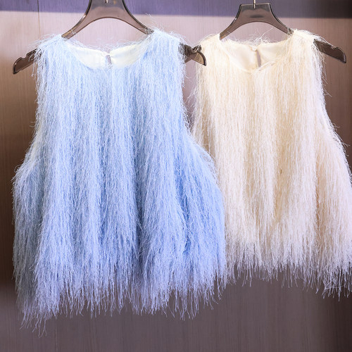 纯色流苏饰圆领无袖短款吊带背心