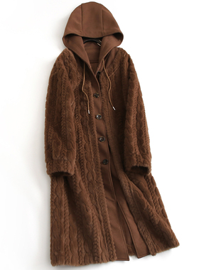 皮毛一体连帽假两件长款毛毛大衣仿水貂绒冬季长袖女皮草外套H053