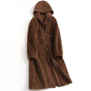 女皮草外套H053 长袖 皮毛一体连帽假两件长款 毛毛大衣仿水貂绒冬季