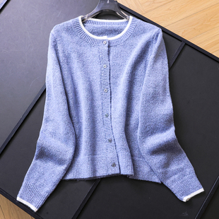 针织开衫 长袖 女B891 新款 蓝色绵羊毛宽松显瘦圆领毛衣外套2025秋季