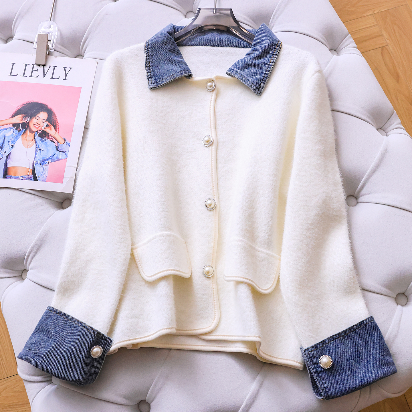 撞色牛仔拼接翻领假两件软糯毛衣