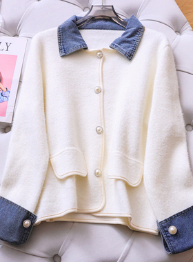 撞色牛仔拼接翻领假两件软糯毛衣外套25冬季新款长袖女针织衫M661