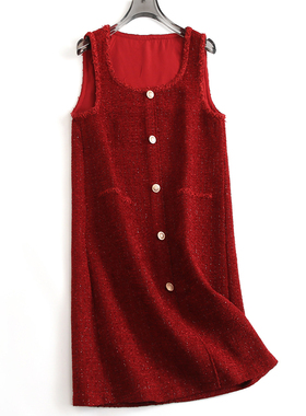 新年穿搭红色千金小香风粗花呢圆领无袖背心裙外搭女裙连衣裙J392