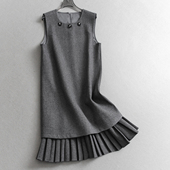 亮片串珠圆领百褶无袖 假两件背心裙显瘦叠穿毛呢女裙连衣裙子Q742