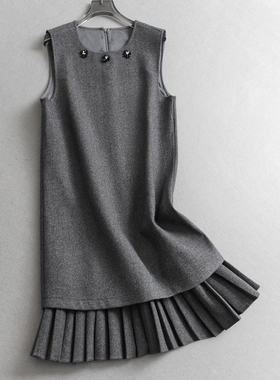 亮片串珠圆领百褶无袖假两件背心裙显瘦叠穿毛呢女裙连衣裙子Q742