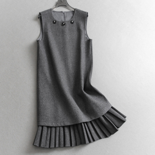 亮片串珠圆领百褶无袖 假两件背心裙显瘦叠穿毛呢女裙连衣裙子Q742