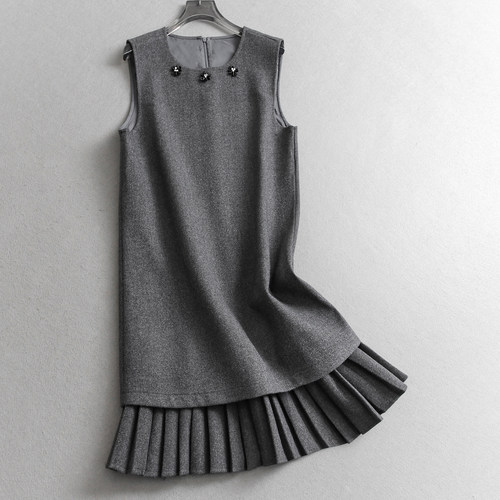 亮片串珠圆领百褶假两件背心裙女