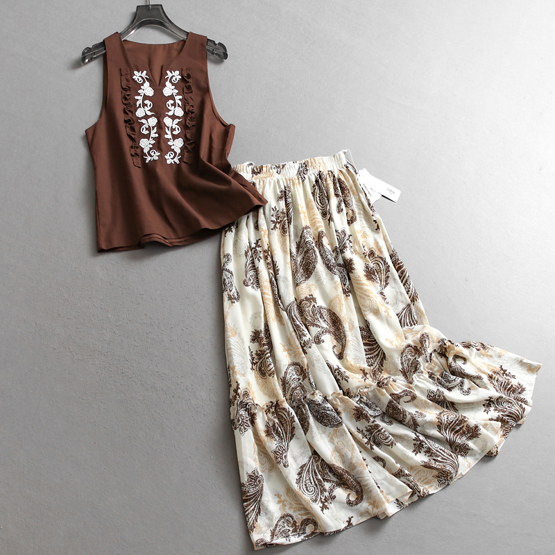 复古刺绣V领无袖背心半身裙套装