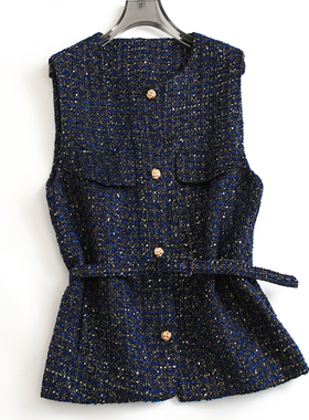 【配腰带】珠片粗花呢小香风圆领显瘦无袖坎肩外套女背心马夹K392