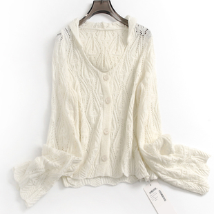 女上衣针织衫 纯色钩花镂空显瘦短款 长袖 外套春夏新款 M605 连帽开衫
