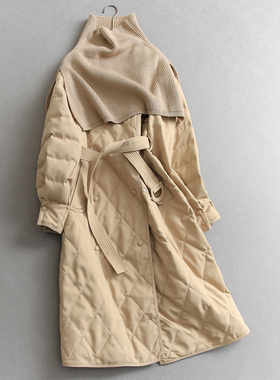 针织围巾披肩韩版通勤菱形绗缝双排扣长款轻暖长袖羽绒服女Q730