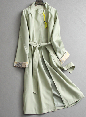 纯色宽松廓形提花卷边新中式轻国风长袖外套长款大衣女装风衣L197