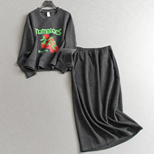 印花磨毛圆领套头韩系慵懒风卫衣可配一整套直筒半身裙套装 女M477