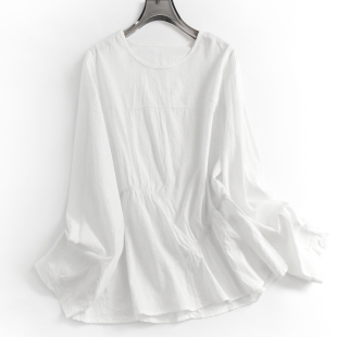 衬衫 纯色纯棉宽松显瘦褶皱圆领小衫 减龄百搭女装 长袖 F796 2024秋季