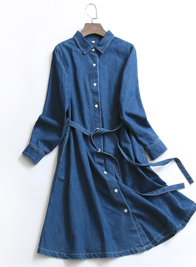 S762纯色衬衫裙系腰带显瘦单排扣牛仔裙秋冬新款2022长袖女连衣裙