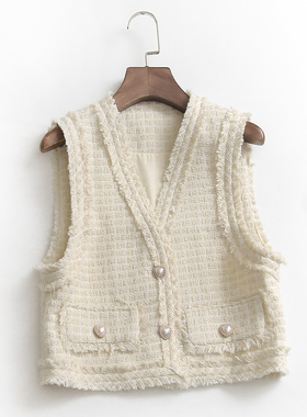 A701格子显瘦V领一粒扣短款外搭秋季新款保暖韩版小香系女式马夹