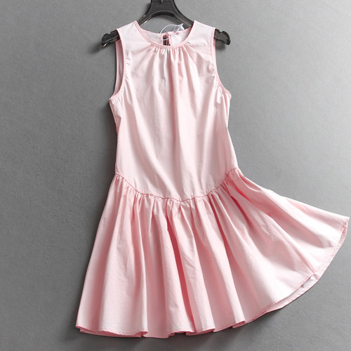 纯色后背系带压褶无袖背心连衣裙